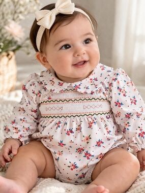 Marie Nicole Floral Smocked Bubble Romper Peter Pan Collar 0–3M Boutique Outfit
